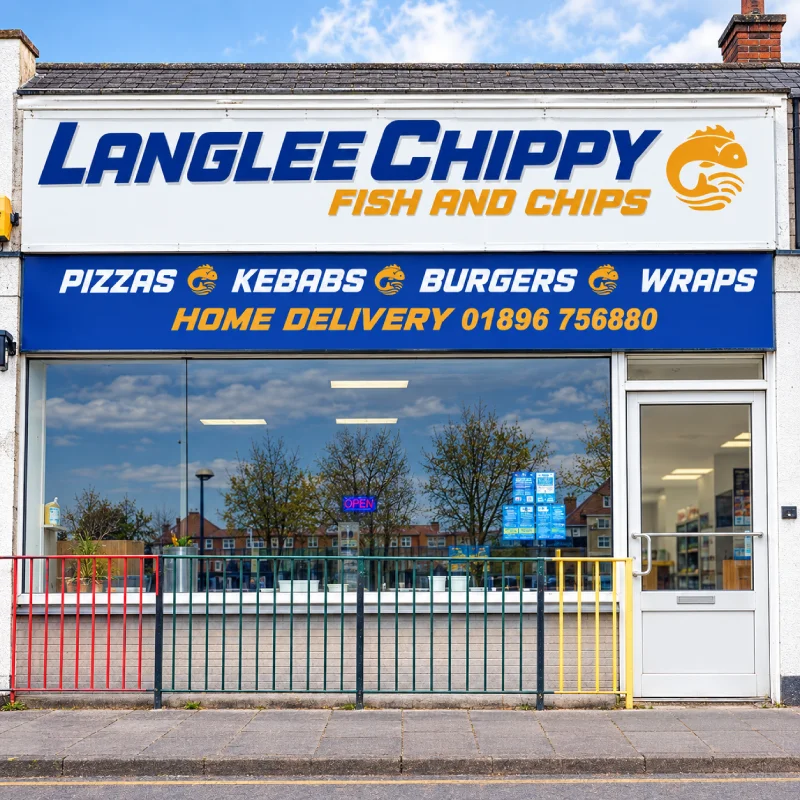 Langlee Chippy fish and chip shop front in Galashiels.